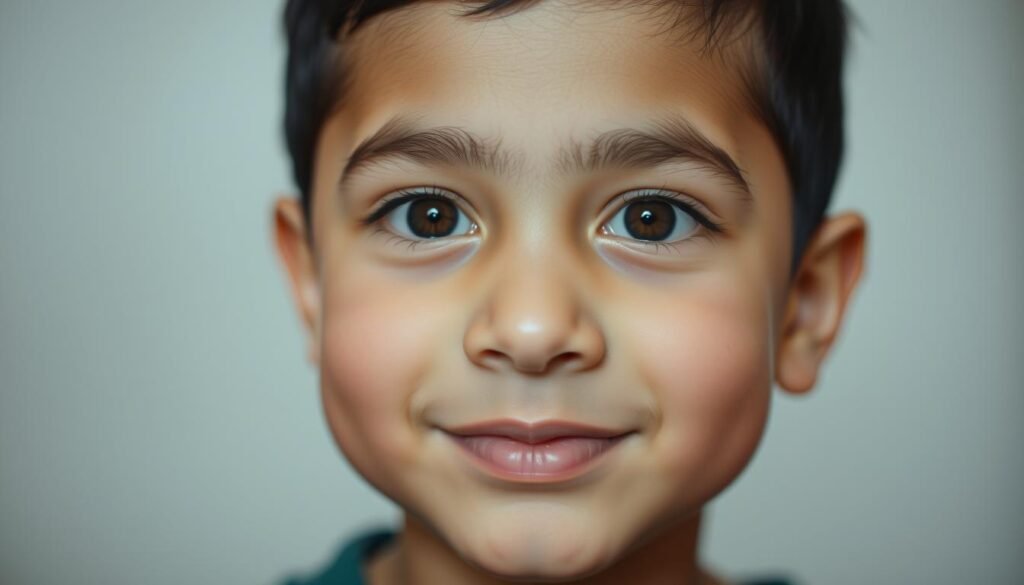 A close-up portrait of a young boy named Rayyan Arkan Dikha, capturing his friendly and approachable demeanor. Soft, diffused lighting illuminates his features, highlighting his warm brown eyes, round face, and slightly parted lips conveying a gentle expression. The background is blurred, placing the focus solely on Rayyan's captivating presence. The image is shot at a slight angle, creating a sense of intimacy and connection with the viewer. The overall tone is one of youthful charm and sincere curiosity, reflecting the subject's engaging personality.