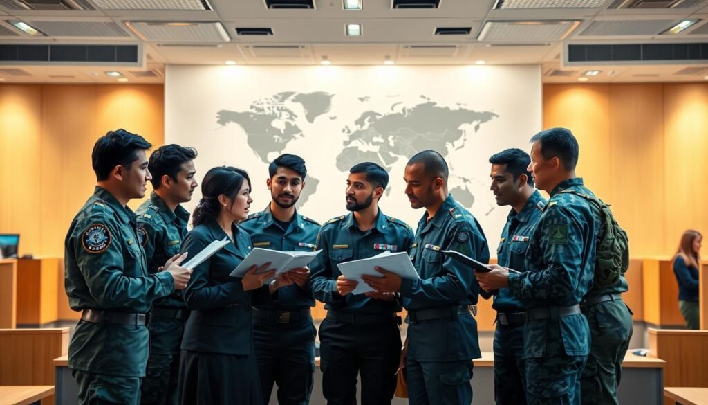 A collaborative scene of international defense education. In the foreground, a group of diverse students and faculty in military uniforms engaged in discussions, gestures, and exchanging materials. In the middle ground, a large world map on the wall, indicating the global scope of the institution. The background features modern lecture halls with state-of-the-art technology, suggesting a cutting-edge academic environment. The lighting is warm and inviting, creating a atmosphere of shared knowledge and intellectual discourse. The overall composition conveys a sense of multinational cooperation, technological innovation, and a commitment to advancing defense education on an international scale.