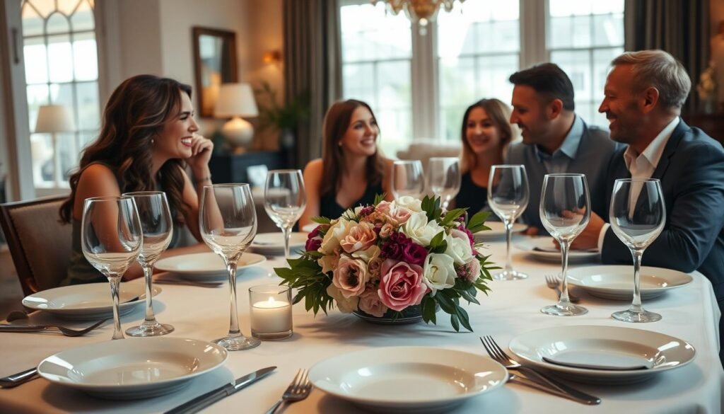 A cozy, intimate dining scene in a stylish home setting. The foreground showcases a beautifully laid table with fine porcelain, sparkling glassware, and an elegant centerpiece of fresh flowers. The middle ground features a group of friends or family gathered around, engaged in lively conversation, their expressions animated and joyful. The background reveals a warm, inviting living space with tasteful decor, soft lighting, and large windows that let in natural light, creating a serene and inviting atmosphere. The overall mood is one of exclusivity, comfort, and a shared sense of culinary delight.