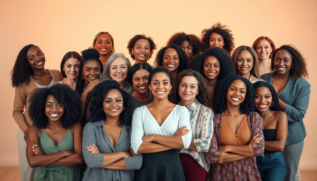 A diverse array of women from various backgrounds and ages, depicted in a range of empowered and assertive poses, showcasing their multifaceted roles and identities. The scene is illuminated by warm, diffused lighting, creating a sense of inclusivity and representation. The women are situated against a softly blurred, minimalist backdrop, allowing them to take center stage and command the viewer's attention. The overall composition conveys a narrative of women's amplified presence and agency in the media landscape, challenging traditional stereotypes and celebrating their dynamic, multidimensional nature.