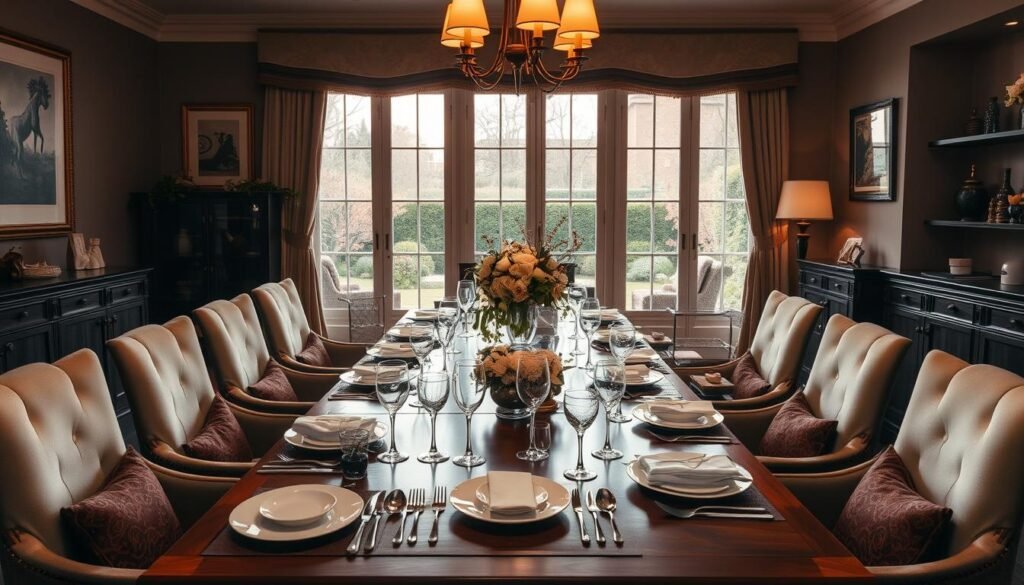 A elegant fine dining setting in a cozy home environment. The scene features a large, wooden dining table set with fine china, crystal glassware, and lush floral centerpieces. Soft, warm lighting from pendant lamps casts a intimate glow, while large windows overlooking a serene garden provide natural illumination. Plush, upholstered chairs surround the table, creating an inviting atmosphere for an intimate gathering. The walls are adorned with tasteful artwork and decorative shelves, conveying a sense of refined, homely charm. The overall mood is one of refined sophistication and comfortable elegance.