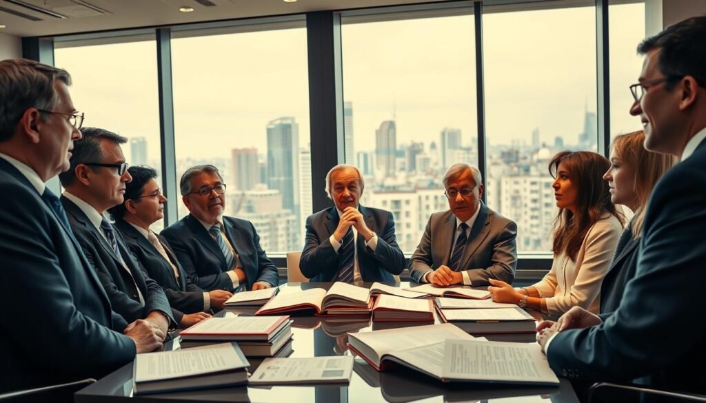 A group of distinguished academics in formal attire, gathered in a modern conference room, engaged in a lively discussion. The lighting is warm and inviting, casting a soft glow on their thoughtful expressions as they ponder the merits of the new educational policy. In the middle ground, a table is adorned with academic journals and research materials, hinting at the depth of their expertise. The background features floor-to-ceiling windows, offering a scenic view of a bustling city skyline, symbolizing the far-reaching impact of their insights. An atmosphere of intellectual curiosity and a commitment to progress permeates the scene.