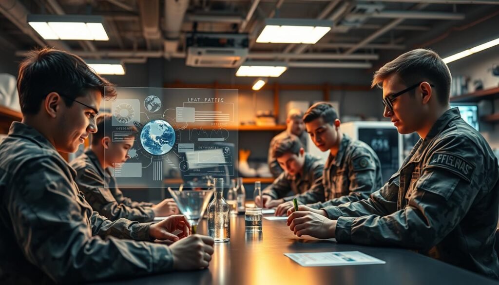 A revolutionary STEM transformation in defense education, showcasing a modern, high-tech classroom. In the foreground, a group of cadets engaged in hands-on, collaborative experiments with cutting-edge scientific equipment, their faces alight with curiosity and enthusiasm. In the middle ground, a holographic projection of complex data visualizations and schematics, guiding their studies. The background reveals a state-of-the-art laboratory, filled with advanced machinery and instrumentation, reflecting the institution's commitment to innovation. Warm, focused lighting illuminates the scene, creating a sense of energy and discovery. The overall atmosphere conveys a forward-thinking, technology-driven approach to military education, preparing the next generation of defense leaders.