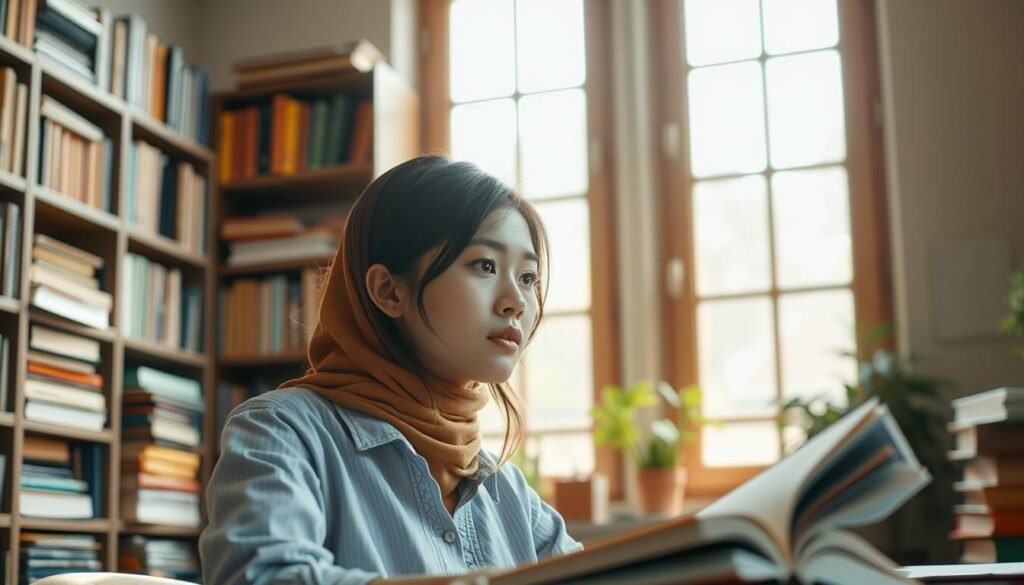 A serene and empowering scene of a young woman engrossed in her studies, surrounded by shelves of books and a thoughtful, focused expression. Soft, warm lighting filters through a large window, casting a gentle glow on her determined features. The room exudes an atmosphere of intellectual curiosity and personal growth, reflecting the importance of education and empowerment for women in Indonesian society. The composition emphasizes the woman's central role, with the background elements complementing and enhancing the overall sense of knowledge, determination, and self-discovery.