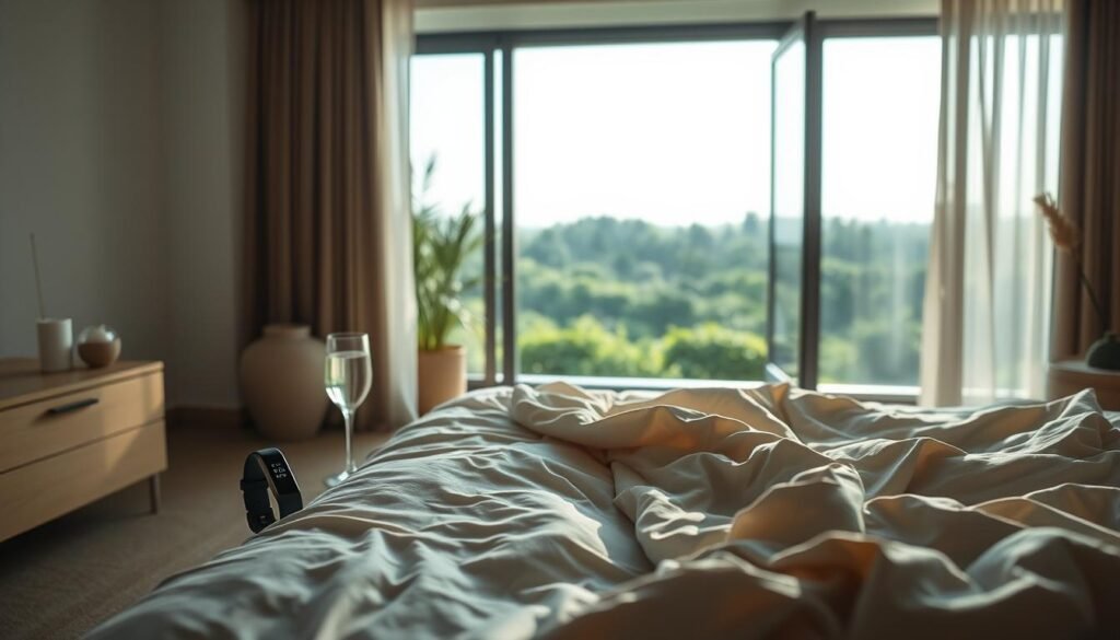 A serene bedroom scene, bathed in soft, diffused natural light filtering through sheer curtains. On the nightstand, a sleek fitness tracker and a glass of water, symbolizing the harmony between rest and activity. In the foreground, a cozy, inviting bed with plush, rumpled bedding, conveying the importance of quality sleep. The middle ground features a large, open window overlooking a lush, verdant landscape, evoking a sense of balance and connection with nature. The background is filled with tranquil, minimalist decor, creating a calming, spa-like atmosphere. The overall mood is one of relaxation, wellness, and the seamless integration of technology into a healthy lifestyle.