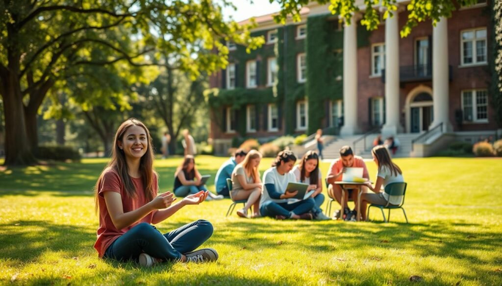 A serene college campus under a warm afternoon sun, with students gathered in small groups on lush green lawns, immersed in animated discussions. In the foreground, a young woman sits cross-legged, her face beaming with enthusiasm as she explains a concept to her peers. The middle ground reveals a diverse group of students collaborating at tables, their textbooks and laptops open, symbolizing the educational opportunities provided by a scholarship. In the background, the stately facade of an ivy-covered academic building stands as a testament to the transformative power of knowledge. The scene conveys a sense of camaraderie, intellectual growth, and the positive impact of educational funding on the lives of young people.