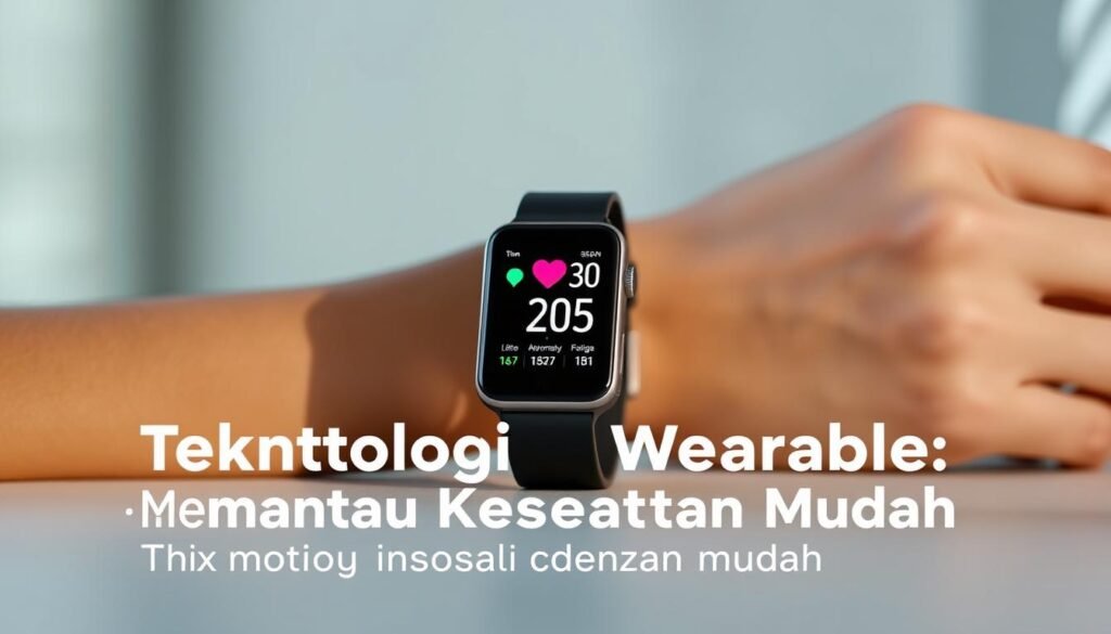 A sleek, modern wearable device prominently displayed in the foreground, its minimalist design and vibrant touchscreen interface showcasing real-time health data. The device is positioned against a blurred background of a person's arm, subtly hinting at its seamless integration with the human body. Soft, diffused lighting illuminates the scene, creating a sense of technological elegance and personal wellness. The overall composition emphasizes the device's ease of use and the effortless monitoring of one's health, aligning with the section title "Teknologi Wearable: Memantau Kesehatan dengan Mudah".