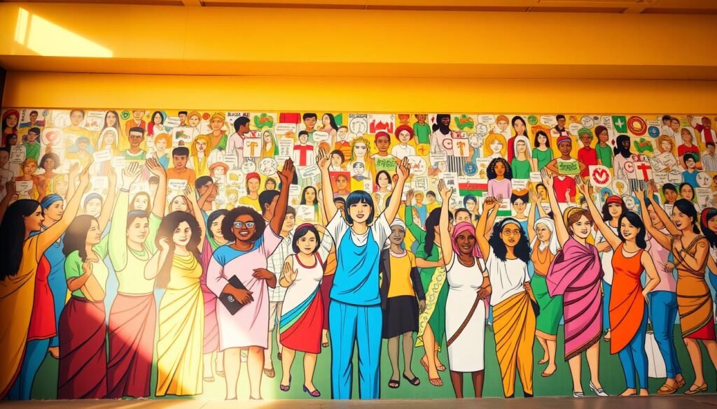 A vibrant, inclusive mural depicting the empowerment and equality of all genders. In the foreground, diverse figures stand tall, their arms raised in a symbol of unity and progress. The middle ground showcases scenes of women in positions of leadership and influence, breaking down traditional barriers. In the background, a mosaic of cultural and societal icons represents the rich tapestry of gender diversity. Warm, natural lighting illuminates the scene, casting a hopeful and inspirational atmosphere. Rendered in a bold, stylized art style that captures the energy and momentum of the "komitmen kesetaraan gender" movement.