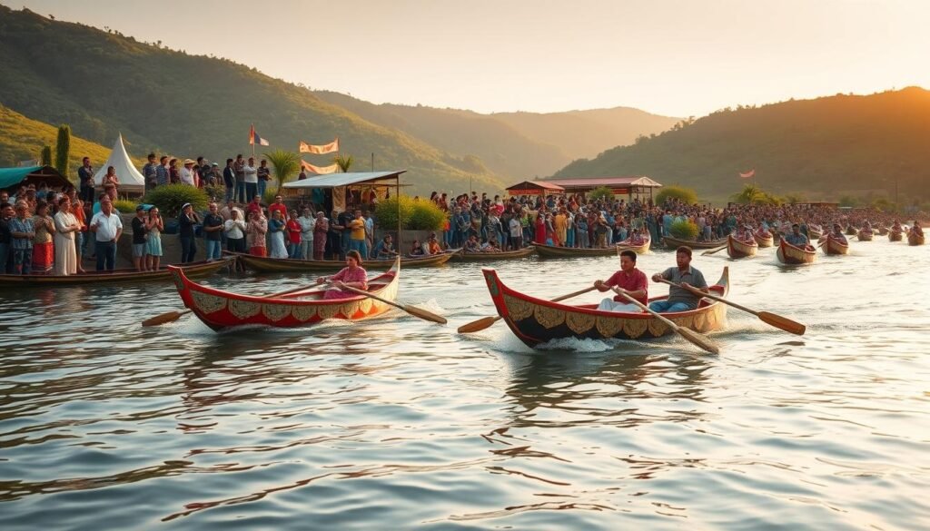 A vibrant scene of the traditional "pacu jalur" boat racing event, captured with a wide-angle lens. In the foreground, two colorful, ornately decorated wooden boats glide across the calm, reflective waters, their rowers propelling them forward with synchronised oar strokes. The middle ground features a lively crowd of spectators lining the riverbank, dressed in traditional garments, their expressions animated with excitement. The background showcases a verdant, hilly landscape, bathed in warm, golden afternoon light that casts a soft, natural glow over the entire scene. The overall atmosphere conveys the cultural significance and celebratory spirit of this longstanding maritime tradition.