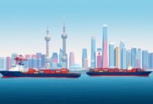 Ilustrasi Strategi Perdagangan China pasca-2025 dengan kapal kontainer dan gedung pencakar langit Shanghai