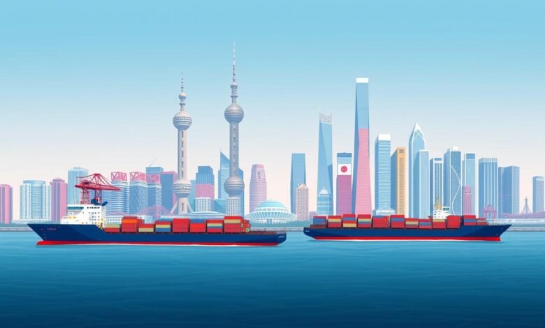 Ilustrasi Strategi Perdagangan China pasca-2025 dengan kapal kontainer dan gedung pencakar langit Shanghai