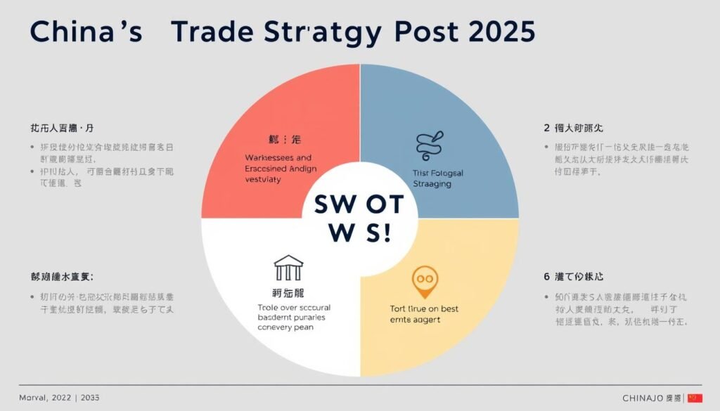 Ilustrasi tantangan dan peluang Strategi Perdagangan China pasca-2025 dengan grafik SWOT Ilustrasi tantangan dan peluang Strategi Perdagangan China pasca-2025 dengan grafik SWOT