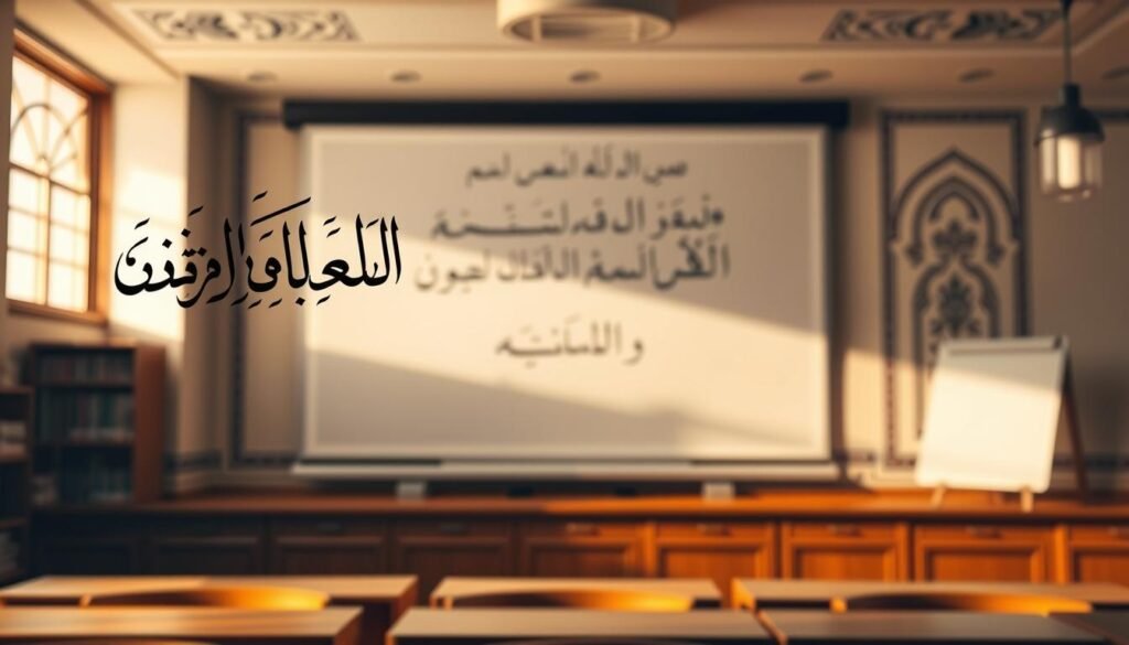 A classroom setting with Arabic script and tense symbols floating in the air, illuminated by warm, directional lighting. In the foreground, an elegant calligraphic display of the three main tenses - past, present, and future. In the middle ground, abstract visual representations of aspect and mood, conveying the nuanced nature of Arabic grammar. The background features a stylized Arabic architectural pattern, suggesting the broader cultural context. The overall tone is one of academic focus and linguistic exploration. A classroom setting with Arabic script and tense symbols floating in the air, illuminated by warm, directional lighting. In the foreground, an elegant calligraphic display of the three main tenses - past, present, and future. In the middle ground, abstract visual representations of aspect and mood, conveying the nuanced nature of Arabic grammar. The background features a stylized Arabic architectural pattern, suggesting the broader cultural context. The overall tone is one of academic focus and linguistic exploration.