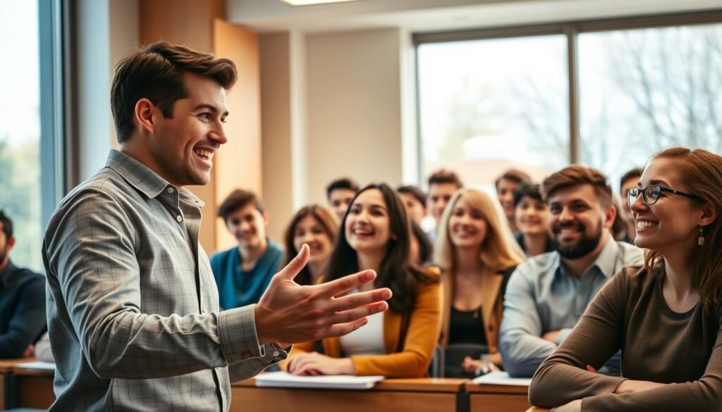 A classroom setting with a young, energetic professor energetically gesturing to a group of attentive university students, their faces filled with enthusiasm and eagerness to learn. Warm, natural lighting filters in through large windows, casting a motivating glow on the scene. The professor's expression is one of charisma and passion, inspiring the students to feel empowered and ready to embrace their academic journey. The background has subtle hints of the university campus, conveying a sense of pride and camaraderie. The overall atmosphere is one of inspiration, motivation, and a shared commitment to educational excellence. A classroom setting with a young, energetic professor energetically gesturing to a group of attentive university students, their faces filled with enthusiasm and eagerness to learn. Warm, natural lighting filters in through large windows, casting a motivating glow on the scene. The professor's expression is one of charisma and passion, inspiring the students to feel empowered and ready to embrace their academic journey. The background has subtle hints of the university campus, conveying a sense of pride and camaraderie. The overall atmosphere is one of inspiration, motivation, and a shared commitment to educational excellence.