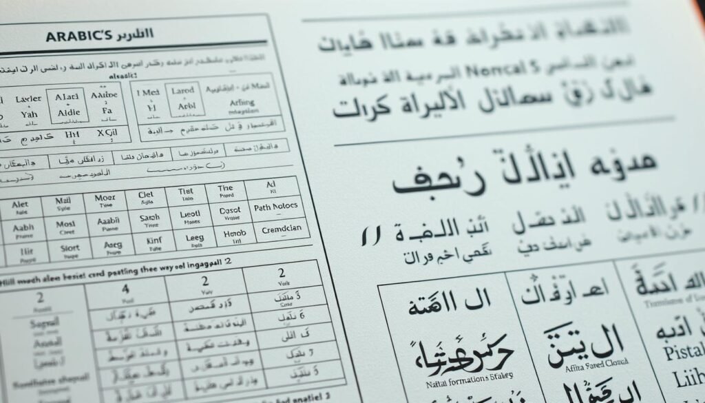 A detailed close-up illustration of the morphological structures and word formation processes in the Arabic and Indonesian languages. The foreground displays intricately detailed diagrams, charts, and schematics demonstrating the affixes, roots, and patterns that build words in both languages. The middle ground showcases stylized script samples highlighting the unique orthographic features. The background features a hazy, ethereal, and academic ambiance with a muted color palette, soft lighting, and a sense of scholarly contemplation. A detailed close-up illustration of the morphological structures and word formation processes in the Arabic and Indonesian languages. The foreground displays intricately detailed diagrams, charts, and schematics demonstrating the affixes, roots, and patterns that build words in both languages. The middle ground showcases stylized script samples highlighting the unique orthographic features. The background features a hazy, ethereal, and academic ambiance with a muted color palette, soft lighting, and a sense of scholarly contemplation.