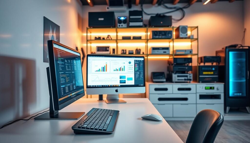 A modern, sleek computer workstation with a variety of information system components and interfaces. In the foreground, a stylish desktop computer, keyboard, and mouse sit on a minimalist desk. The middle ground features a large, high-resolution monitor displaying data visualizations and software interfaces. In the background, shelves hold various electronic devices, networking equipment, and cloud computing hardware, all bathed in a soft, warm lighting that creates a productive, professional atmosphere. The scene conveys the technical skills, problem-solving abilities, and cutting-edge digital fluency required for a successful career in the startup technology industry. A modern, sleek computer workstation with a variety of information system components and interfaces. In the foreground, a stylish desktop computer, keyboard, and mouse sit on a minimalist desk. The middle ground features a large, high-resolution monitor displaying data visualizations and software interfaces. In the background, shelves hold various electronic devices, networking equipment, and cloud computing hardware, all bathed in a soft, warm lighting that creates a productive, professional atmosphere. The scene conveys the technical skills, problem-solving abilities, and cutting-edge digital fluency required for a successful career in the startup technology industry.