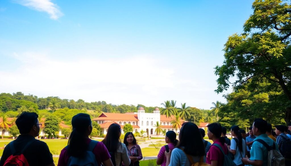 A scenic campus setting, Universitas Gadjah Mada in Yogyakarta, Indonesia. In the foreground, a group of enthusiastic students engrossed in conversation, their body language exuding a sense of camaraderie and intellectual curiosity. The middle ground showcases the iconic Yogyakarta architecture, with the distinctive red-tiled roofs and white-washed walls of the university buildings. In the background, a lush, verdant landscape frames the scene, dotted with towering trees and a clear blue sky overhead, creating a tranquil and inspirational atmosphere. Warm, natural lighting casts a soft glow, enhancing the vibrant colors and creating a welcoming ambiance that captures the essence of university life. A scenic campus setting, Universitas Gadjah Mada in Yogyakarta, Indonesia. In the foreground, a group of enthusiastic students engrossed in conversation, their body language exuding a sense of camaraderie and intellectual curiosity. The middle ground showcases the iconic Yogyakarta architecture, with the distinctive red-tiled roofs and white-washed walls of the university buildings. In the background, a lush, verdant landscape frames the scene, dotted with towering trees and a clear blue sky overhead, creating a tranquil and inspirational atmosphere. Warm, natural lighting casts a soft glow, enhancing the vibrant colors and creating a welcoming ambiance that captures the essence of university life.