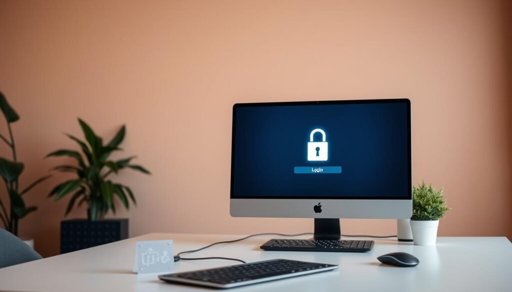 A serene and modern office setting with a focus on information security. In the foreground, a sleek computer monitor displays a secure login screen, its screen reflecting the glow of subtle lighting. On the desk, a stylized padlock icon and a minimalist line illustration of a data network symbolize the importance of data protection. The middle ground features a neatly organized workspace with a keyboard, mouse, and a potted plant, conveying a sense of professionalism and attention to detail. The background is a neutral, warm-toned wall, complementing the clean and sophisticated atmosphere. The scene is captured with a wide-angle lens, creating a balanced and visually appealing composition that emphasizes the key elements of information security in a startup work environment. A serene and modern office setting with a focus on information security. In the foreground, a sleek computer monitor displays a secure login screen, its screen reflecting the glow of subtle lighting. On the desk, a stylized padlock icon and a minimalist line illustration of a data network symbolize the importance of data protection. The middle ground features a neatly organized workspace with a keyboard, mouse, and a potted plant, conveying a sense of professionalism and attention to detail. The background is a neutral, warm-toned wall, complementing the clean and sophisticated atmosphere. The scene is captured with a wide-angle lens, creating a balanced and visually appealing composition that emphasizes the key elements of information security in a startup work environment.