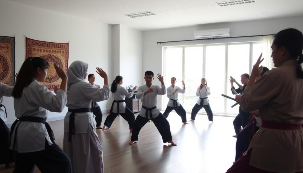 A serene indoor setting, a classroom or training hall, with natural lighting filtering through large windows. In the foreground, a group of students of diverse ages and backgrounds, dressed in traditional Pencak Silat uniforms, engaged in a dynamic martial arts demonstration. Their movements are fluid, powerful, and precise, reflecting the discipline and grace of this ancient Indonesian martial art. In the middle ground, an experienced instructor observes and guides the students, offering corrections and encouragement. The background features cultural elements, such as Indonesian-inspired wall hangings or artifacts, reinforcing the connection between Pencak Silat and its cultural heritage. An atmosphere of focus, respect, and the passing of knowledge from generation to generation permeates the scene. A serene indoor setting, a classroom or training hall, with natural lighting filtering through large windows. In the foreground, a group of students of diverse ages and backgrounds, dressed in traditional Pencak Silat uniforms, engaged in a dynamic martial arts demonstration. Their movements are fluid, powerful, and precise, reflecting the discipline and grace of this ancient Indonesian martial art. In the middle ground, an experienced instructor observes and guides the students, offering corrections and encouragement. The background features cultural elements, such as Indonesian-inspired wall hangings or artifacts, reinforcing the connection between Pencak Silat and its cultural heritage. An atmosphere of focus, respect, and the passing of knowledge from generation to generation permeates the scene.