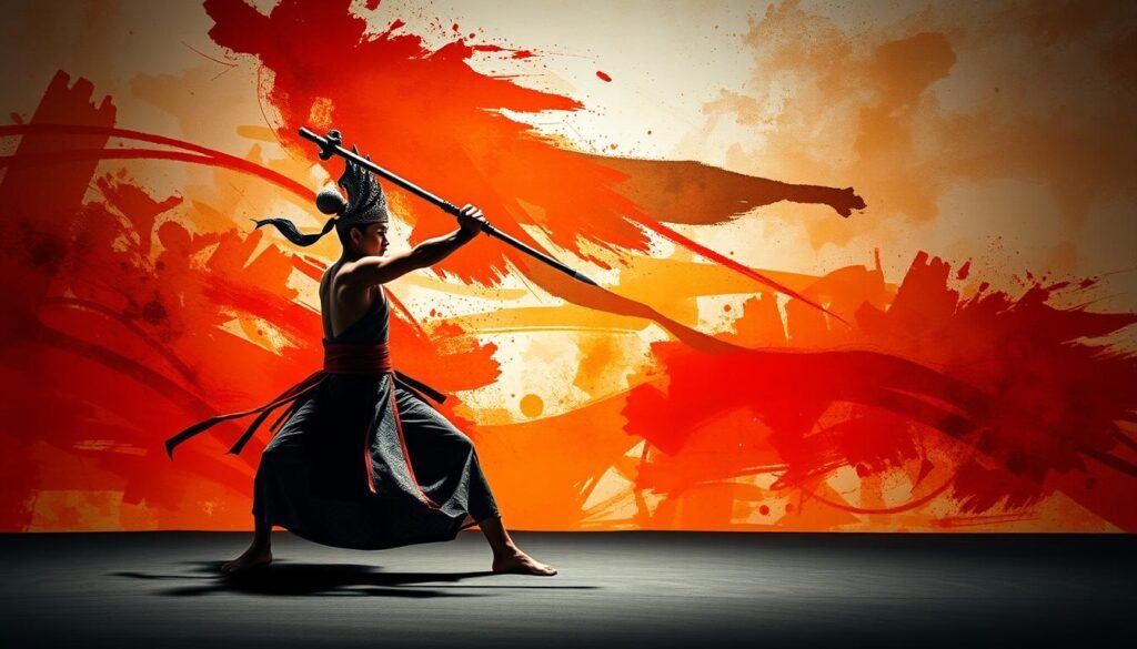 A striking representation of the ancient Indonesian martial art of Pencak Silat, depicted through the lens of visual art. In the foreground, a lithe and graceful warrior strikes a powerful pose, their movements frozen in time, the intricate patterns of their traditional costume and weaponry meticulously rendered. In the middle ground, a backdrop of vibrant, abstract brushstrokes captures the energy and dynamism of the art form, while the background blends soothing earthy tones to evoke a sense of timeless tradition. Dramatic lighting casts dramatic shadows, emphasizing the fluid, almost dance-like nature of the Pencak Silat techniques. The overall composition conveys the rich cultural heritage and artistry inherent in this beloved Indonesian martial art. A striking representation of the ancient Indonesian martial art of Pencak Silat, depicted through the lens of visual art. In the foreground, a lithe and graceful warrior strikes a powerful pose, their movements frozen in time, the intricate patterns of their traditional costume and weaponry meticulously rendered. In the middle ground, a backdrop of vibrant, abstract brushstrokes captures the energy and dynamism of the art form, while the background blends soothing earthy tones to evoke a sense of timeless tradition. Dramatic lighting casts dramatic shadows, emphasizing the fluid, almost dance-like nature of the Pencak Silat techniques. The overall composition conveys the rich cultural heritage and artistry inherent in this beloved Indonesian martial art.