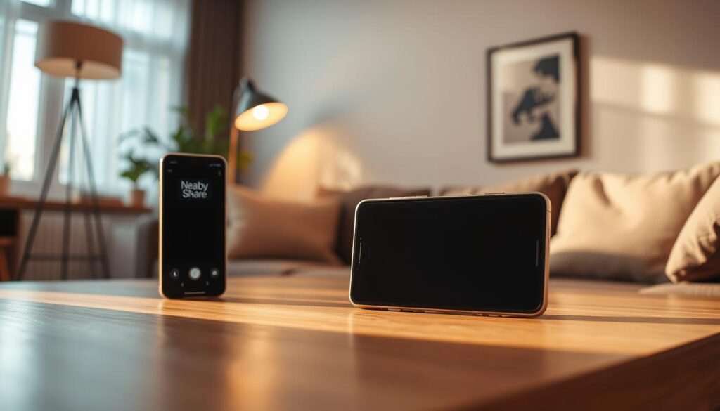 A cozy living room setting showcasing two smartphones on a wooden table, one with the "Nearby Share" interface prominently displayed. Warm, ambient lighting from a floor lamp and natural daylight streaming through a window, creating a inviting atmosphere. The smartphones are positioned in the foreground, with a minimalist, uncluttered background featuring a potted plant and a framed piece of art on the wall. The scene conveys the simplicity and convenience of using "Nearby Share" to quickly transfer files between devices. A cozy living room setting showcasing two smartphones on a wooden table, one with the "Nearby Share" interface prominently displayed. Warm, ambient lighting from a floor lamp and natural daylight streaming through a window, creating a inviting atmosphere. The smartphones are positioned in the foreground, with a minimalist, uncluttered background featuring a potted plant and a framed piece of art on the wall. The scene conveys the simplicity and convenience of using "Nearby Share" to quickly transfer files between devices.