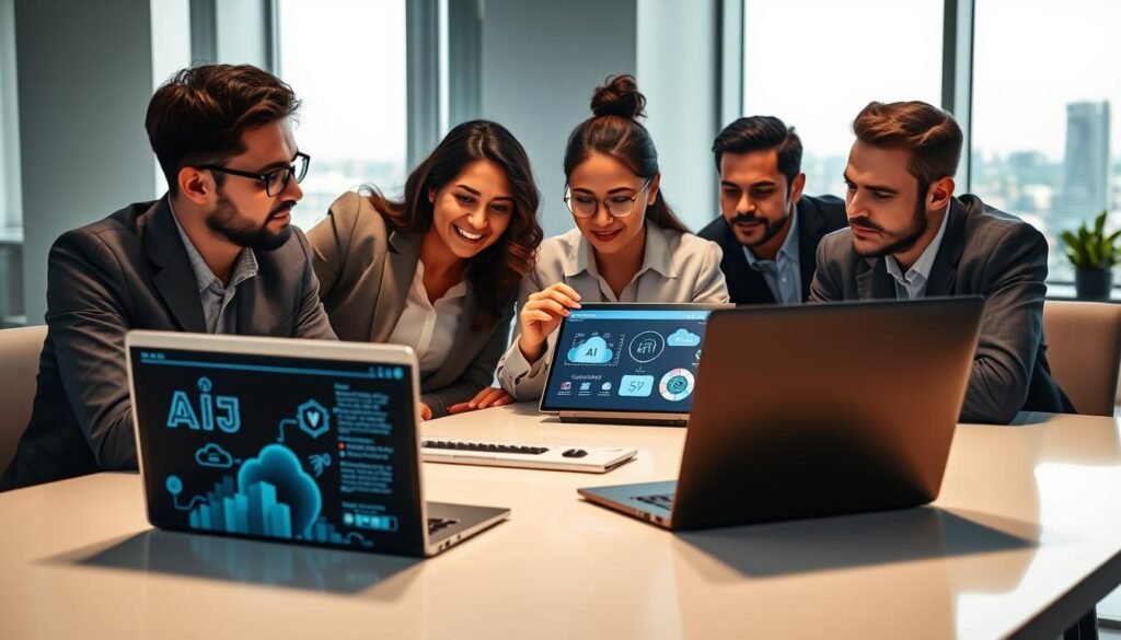 A focused group of diverse software developers, both male and female, in professional business attire, collaborating around a sleek, modern conference table. In the foreground, a laptop displays AI-related graphics, such as cloud infrastructure and productivity metrics. In the middle, one developer, a woman of Asian descent, gestures towards a digital tablet showcasing AI tools, while another male developer of African descent takes notes. The background shows a bright, airy office with a large window revealing a cityscape. Soft natural light illuminates the scene, creating a vibrant and optimistic atmosphere. The overall mood conveys innovation and teamwork, emphasizing how cloud AI solutions enhance developer productivity. A focused group of diverse software developers, both male and female, in professional business attire, collaborating around a sleek, modern conference table. In the foreground, a laptop displays AI-related graphics, such as cloud infrastructure and productivity metrics. In the middle, one developer, a woman of Asian descent, gestures towards a digital tablet showcasing AI tools, while another male developer of African descent takes notes. The background shows a bright, airy office with a large window revealing a cityscape. Soft natural light illuminates the scene, creating a vibrant and optimistic atmosphere. The overall mood conveys innovation and teamwork, emphasizing how cloud AI solutions enhance developer productivity.