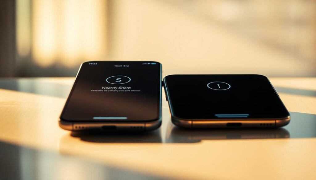 A high-resolution close-up photograph of two modern smartphones placed side-by-side on a sleek, reflective surface. The smartphones are displaying the "Nearby Share" and "Quick Share" user interface elements, showcasing their file-sharing capabilities. The scene is bathed in warm, directional lighting from the left, creating dramatic shadows and highlights that accentuate the elegant industrial design of the devices. The background is softly blurred, allowing the smartphones to be the central focus of the composition. The overall mood is one of technological sophistication and functionality. A high-resolution close-up photograph of two modern smartphones placed side-by-side on a sleek, reflective surface. The smartphones are displaying the "Nearby Share" and "Quick Share" user interface elements, showcasing their file-sharing capabilities. The scene is bathed in warm, directional lighting from the left, creating dramatic shadows and highlights that accentuate the elegant industrial design of the devices. The background is softly blurred, allowing the smartphones to be the central focus of the composition. The overall mood is one of technological sophistication and functionality.