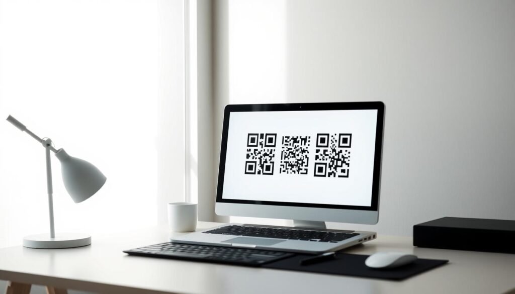 A minimalist, clean-lined desk setup in a well-lit home office. A laptop or computer monitor displays a simplified graphical user interface, with a series of colorful, easy-to-scan QR codes prominently featured on the screen. The codes are arranged in a visually appealing, symmetrical layout, drawing the eye towards their simplicity and functionality. Soft, indirect lighting from a nearby window creates a calm, productive atmosphere, while the desk surface is free of clutter, allowing the screen and its QR codes to take center stage. The overall scene conveys a sense of efficiency, organization, and the seamless integration of technology into everyday life. A minimalist, clean-lined desk setup in a well-lit home office. A laptop or computer monitor displays a simplified graphical user interface, with a series of colorful, easy-to-scan QR codes prominently featured on the screen. The codes are arranged in a visually appealing, symmetrical layout, drawing the eye towards their simplicity and functionality. Soft, indirect lighting from a nearby window creates a calm, productive atmosphere, while the desk surface is free of clutter, allowing the screen and its QR codes to take center stage. The overall scene conveys a sense of efficiency, organization, and the seamless integration of technology into everyday life.