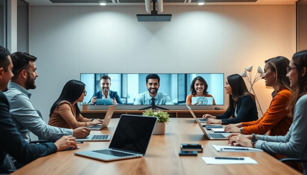 A modern office setting with a group of diverse professionals engaged in a video conference call. The foreground features a table with laptops, smartphones, and notepads, suggesting a collaborative meeting environment. The middle ground depicts the video call participants, their faces displayed on high-resolution screens, expressions focused and engaged. The background showcases a clean, well-lit room with minimalist decor, highlighting the technology-driven nature of the scene. Warm lighting, clean lines, and a sense of efficiency convey the professional atmosphere of a cross-cultural business meeting facilitated by real-time language translation services. A modern office setting with a group of diverse professionals engaged in a video conference call. The foreground features a table with laptops, smartphones, and notepads, suggesting a collaborative meeting environment. The middle ground depicts the video call participants, their faces displayed on high-resolution screens, expressions focused and engaged. The background showcases a clean, well-lit room with minimalist decor, highlighting the technology-driven nature of the scene. Warm lighting, clean lines, and a sense of efficiency convey the professional atmosphere of a cross-cultural business meeting facilitated by real-time language translation services.