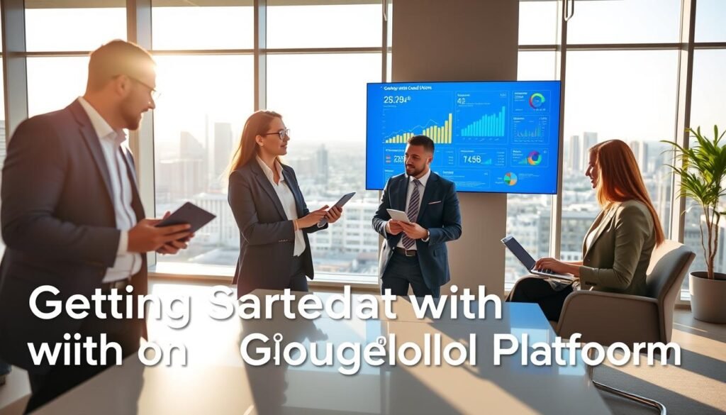 A modern, sleek office space showcasing the concept of "Getting Started with Cloud AI on Google Cloud Platform." In the foreground, a diverse group of three professionals, dressed in smart business attire, are engaged in an animated discussion while analyzing data on laptops and tablets. The middle ground features a large digital screen displaying colorful graphs and AI-related analytics, with the Google Cloud logo subtly incorporated. The background presents a panoramic view of a city skyline through large windows, bathed in bright daylight, creating an open and innovative atmosphere. The lighting is bright yet soft, emphasizing a collaborative mood, while a depth of field effect focuses on the team, blurring the background slightly to emphasize their engagement. A modern, sleek office space showcasing the concept of "Getting Started with Cloud AI on Google Cloud Platform." In the foreground, a diverse group of three professionals, dressed in smart business attire, are engaged in an animated discussion while analyzing data on laptops and tablets. The middle ground features a large digital screen displaying colorful graphs and AI-related analytics, with the Google Cloud logo subtly incorporated. The background presents a panoramic view of a city skyline through large windows, bathed in bright daylight, creating an open and innovative atmosphere. The lighting is bright yet soft, emphasizing a collaborative mood, while a depth of field effect focuses on the team, blurring the background slightly to emphasize their engagement.
