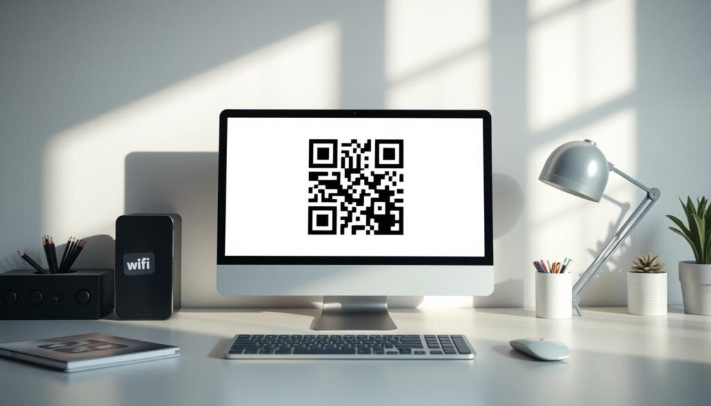 A neatly organized workspace with a laptop or desktop computer, showcasing a prominent screen displaying a clear, crisp QR code against a minimalist, well-lit background. The QR code should be the focal point, with a clean, modern design that seamlessly blends into the overall aesthetic. The lighting should be soft and natural, casting subtle shadows to give depth and dimension to the scene. The camera angle should be slightly elevated, capturing the QR code at an optimal angle for easy scanning. The overall mood should convey a sense of efficiency, connectivity, and user-friendliness, reflecting the simplicity and accessibility of the "kode wifi" concept. A neatly organized workspace with a laptop or desktop computer, showcasing a prominent screen displaying a clear, crisp QR code against a minimalist, well-lit background. The QR code should be the focal point, with a clean, modern design that seamlessly blends into the overall aesthetic. The lighting should be soft and natural, casting subtle shadows to give depth and dimension to the scene. The camera angle should be slightly elevated, capturing the QR code at an optimal angle for easy scanning. The overall mood should convey a sense of efficiency, connectivity, and user-friendliness, reflecting the simplicity and accessibility of the "kode wifi" concept.