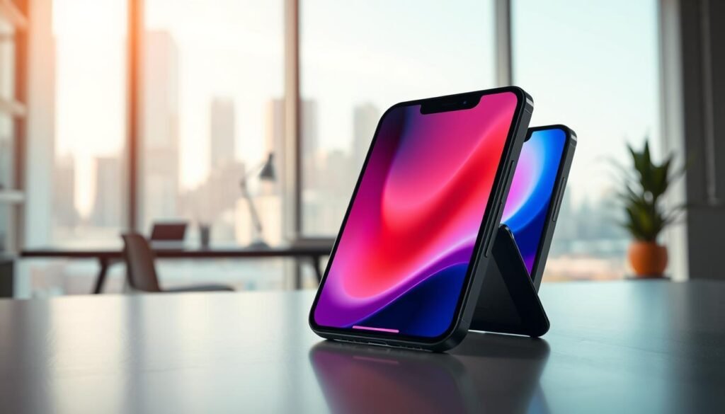A sleek, futuristic Apple foldable iPhone showcasing the innovative form factor, prominently displayed in the foreground. The device is partially open, revealing its vibrant, interactive display. The glass screen reflects soft ambient lighting, creating a high-tech atmosphere. In the middle ground, a stylish workspace is visible with a modern desk and minimalistic decor, reinforcing the concept of productivity and advanced technology. The background features a blurred view of a contemporary city skyline, suggesting a bright future ahead. The overall mood is optimistic and dynamic, evoking excitement for the next generation of mobile technology. Use a wide-angle lens to emphasize the elegance of the device, with a soft bokeh effect to keep the focus on the iPhone. A sleek, futuristic Apple foldable iPhone showcasing the innovative form factor, prominently displayed in the foreground. The device is partially open, revealing its vibrant, interactive display. The glass screen reflects soft ambient lighting, creating a high-tech atmosphere. In the middle ground, a stylish workspace is visible with a modern desk and minimalistic decor, reinforcing the concept of productivity and advanced technology. The background features a blurred view of a contemporary city skyline, suggesting a bright future ahead. The overall mood is optimistic and dynamic, evoking excitement for the next generation of mobile technology. Use a wide-angle lens to emphasize the elegance of the device, with a soft bokeh effect to keep the focus on the iPhone.