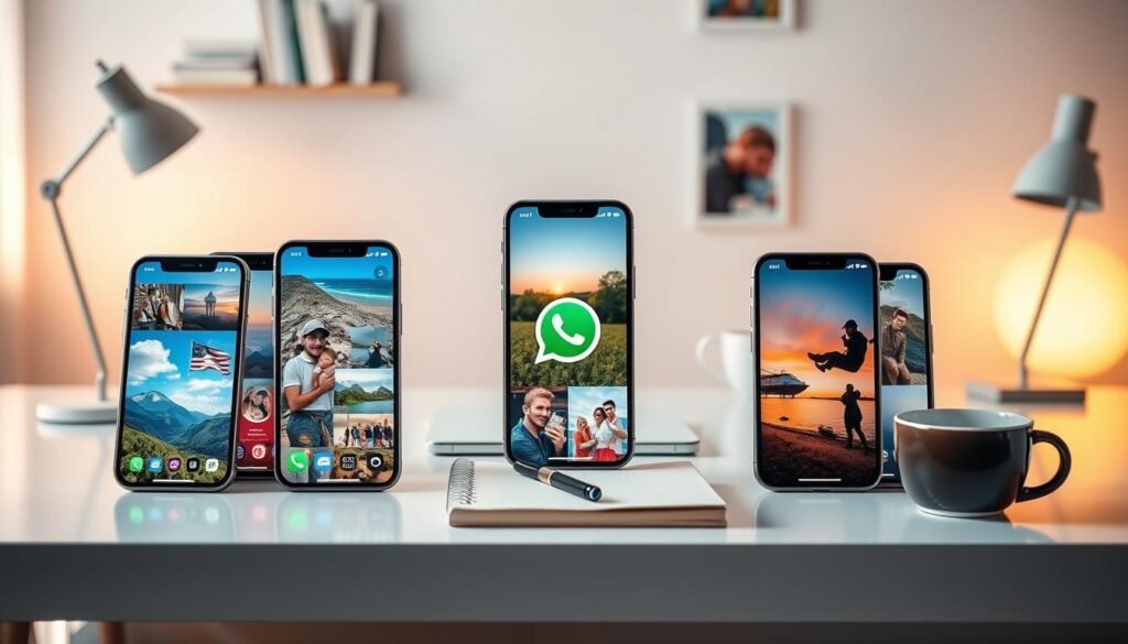 A visually striking arrangement of iOS photo stacks on a clean, modern workspace. In the foreground, multiple iPhone screens display vibrant images of various landscapes, family moments, and memorable events, with a soft glow emanating from their screens. In the middle, a sleek, minimalist desk serves as a backdrop, adorned with stylish accessories like a notebook, a stylish pen, and a cup of coffee, creating an inviting atmosphere. The background features a softly blurred home office with warm lighting, enhancing the cozy, productive feel. The composition should convey a sense of organization and creativity, ideal for illustrating the concept of sharing photos via Haptic Touch with WhatsApp. Use a short focus lens to capture the details crisply, while ensuring a harmonious color palette that radiates professionalism and ease. A visually striking arrangement of iOS photo stacks on a clean, modern workspace. In the foreground, multiple iPhone screens display vibrant images of various landscapes, family moments, and memorable events, with a soft glow emanating from their screens. In the middle, a sleek, minimalist desk serves as a backdrop, adorned with stylish accessories like a notebook, a stylish pen, and a cup of coffee, creating an inviting atmosphere. The background features a softly blurred home office with warm lighting, enhancing the cozy, productive feel. The composition should convey a sense of organization and creativity, ideal for illustrating the concept of sharing photos via Haptic Touch with WhatsApp. Use a short focus lens to capture the details crisply, while ensuring a harmonious color palette that radiates professionalism and ease.