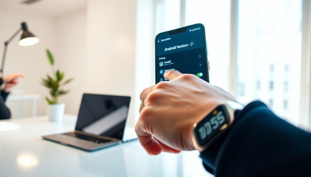 A close-up view of a smartphone screen displaying the Android version information in a sleek and modern interface. The screen focuses on vibrant icons and settings menus, with a clear indication of the Android version, surrounded by subtle animations. In the foreground, a well-groomed hand gently taps the screen, wearing a stylish smartwatch, symbolizing tech-savviness. The middle ground features a well-lit, minimalist workspace with a blurred laptop and a welcoming potted plant. In the background, soft natural light filters through a large window, creating a warm and inviting atmosphere. The image conveys a sense of professionalism and modernity, perfect for illustrating a tech-oriented guide.
