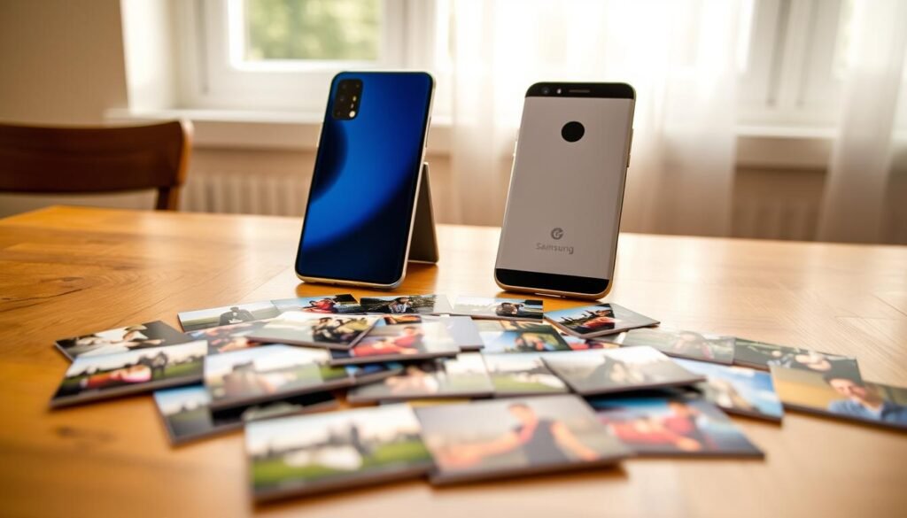 A detailed comparison of smartphone cameras displayed on a wooden table, featuring a Samsung Galaxy smartphone on one side and a Google Pixel smartphone on the other. The smartphones are positioned at an angle to showcase their rear cameras prominently. In the foreground, a vibrant array of images captured using both smartphones lies scattered, illustrating the differences in computational photography versus hardware capabilities. The background is softly blurred with natural lighting coming from a nearby window, creating a warm atmosphere. The camera angle is slightly above the devices, capturing both smartphones in focus while emphasizing the contrast in design. A sense of innovation and technology permeates the scene, highlighting the duality of features in smartphone cameras. A detailed comparison of smartphone cameras displayed on a wooden table, featuring a Samsung Galaxy smartphone on one side and a Google Pixel smartphone on the other. The smartphones are positioned at an angle to showcase their rear cameras prominently. In the foreground, a vibrant array of images captured using both smartphones lies scattered, illustrating the differences in computational photography versus hardware capabilities. The background is softly blurred with natural lighting coming from a nearby window, creating a warm atmosphere. The camera angle is slightly above the devices, capturing both smartphones in focus while emphasizing the contrast in design. A sense of innovation and technology permeates the scene, highlighting the duality of features in smartphone cameras.