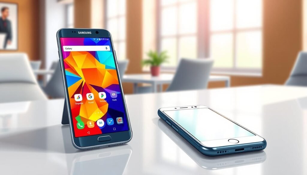 A detailed digital illustration featuring two smartphones side by side on a sleek, modern table. On the left, a Samsung Galaxy with a vibrant screen displaying various built-in apps, showing bright and bold colors, emphasizing its extensive features. On the right, a Google Pixel with a minimalist design, showcasing a cleaner interface with fewer apps, highlighting its storage efficiency. The background is softly blurred, depicting a stylish office environment with natural light streaming through a window. The focus is on the phones, captured from a slightly elevated angle, with a subtle depth of field effect. The mood is analytical and professional, suggesting a comparison and consideration of design and functionality between the two devices. A detailed digital illustration featuring two smartphones side by side on a sleek, modern table. On the left, a Samsung Galaxy with a vibrant screen displaying various built-in apps, showing bright and bold colors, emphasizing its extensive features. On the right, a Google Pixel with a minimalist design, showcasing a cleaner interface with fewer apps, highlighting its storage efficiency. The background is softly blurred, depicting a stylish office environment with natural light streaming through a window. The focus is on the phones, captured from a slightly elevated angle, with a subtle depth of field effect. The mood is analytical and professional, suggesting a comparison and consideration of design and functionality between the two devices.