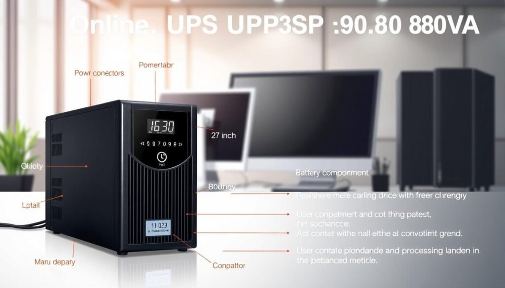 A detailed illustration of an Online UPS 800VA unit, showcasing its technical specifications. The UPS should be positioned prominently in the foreground, highlighting its sleek design and digital display panel. Include labels for key features such as power connectors and battery compartment on the unit itself. In the middle ground, place a partially visible desktop computer and a 27-inch monitor, emphasizing their connection to the UPS. The background should feature a modern office environment with soft, natural lighting to create a professional atmosphere. Use a slightly angled perspective to enhance the three-dimensional appearance. Capture a mood of reliability and advanced technology, suitable for an informative article on UPS systems. A detailed illustration of an Online UPS 800VA unit, showcasing its technical specifications. The UPS should be positioned prominently in the foreground, highlighting its sleek design and digital display panel. Include labels for key features such as power connectors and battery compartment on the unit itself. In the middle ground, place a partially visible desktop computer and a 27-inch monitor, emphasizing their connection to the UPS. The background should feature a modern office environment with soft, natural lighting to create a professional atmosphere. Use a slightly angled perspective to enhance the three-dimensional appearance. Capture a mood of reliability and advanced technology, suitable for an informative article on UPS systems.