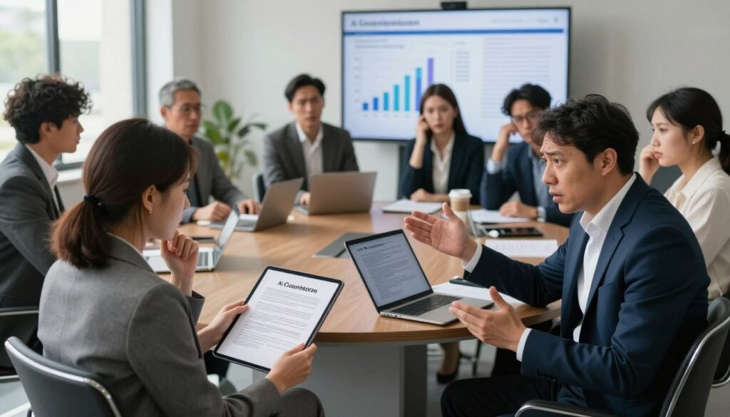 A diverse group of people in a professional setting, displaying various reactions to an AI copyright lawsuit. In the foreground, a thoughtful woman in business attire examines a report on her tablet, while a man beside her gestures animatedly, his expression filled with concern. In the middle, a roundtable discussion with industry experts showcases a mix of emotions—confusion, frustration, and curiosity. The background features a large screen displaying graphs and legal documents, softly illuminated by natural light coming from a nearby window. The atmosphere is tense yet dynamic, capturing the urgency of the ongoing debate. The scene is shot from a slightly elevated angle, creating a sense of involvement and engagement in this important discussion.