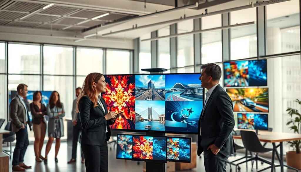 A diverse group of professionals in a modern office setting, visually showcasing the benefits of AI image generators across various industries. In the foreground, a businesswoman and a businessman, both in professional attire, are interacting with a large screen displaying vividly created images generated by the AI, illustrating applications in art, design, architecture, and marketing. In the middle ground, various smaller screens show colorful graphics and digital creations, while colleagues discuss animatedly. The background features a sleek, contemporary office with large windows allowing natural light to flood the space, creating a bright and inspiring atmosphere. The overall mood is dynamic and innovative, capturing the excitement of AI's impact on creativity and productivity. A diverse group of professionals in a modern office setting, visually showcasing the benefits of AI image generators across various industries. In the foreground, a businesswoman and a businessman, both in professional attire, are interacting with a large screen displaying vividly created images generated by the AI, illustrating applications in art, design, architecture, and marketing. In the middle ground, various smaller screens show colorful graphics and digital creations, while colleagues discuss animatedly. The background features a sleek, contemporary office with large windows allowing natural light to flood the space, creating a bright and inspiring atmosphere. The overall mood is dynamic and innovative, capturing the excitement of AI's impact on creativity and productivity.