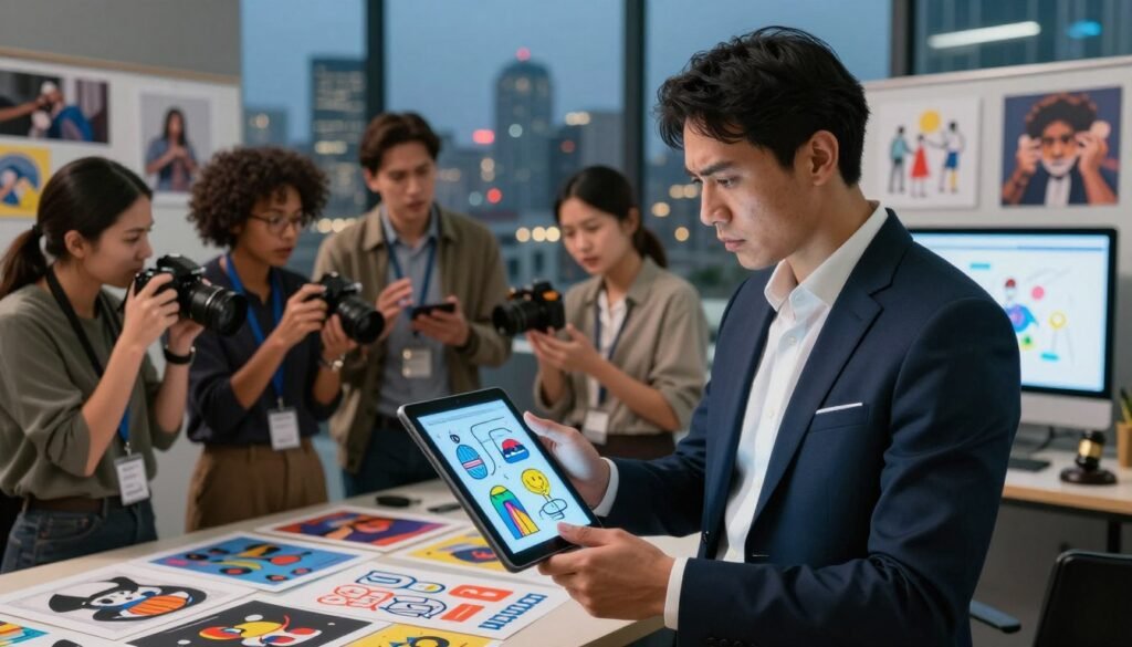 A dynamic and thought-provoking scene that visually represents the legal impact of copyright in the digital age. In the foreground, a confident professional in a tailored business suit is examining a colorful display of artistic works on a digital tablet, symbolizing the intersection of technology and creativity. In the middle ground, a group of diverse individuals, including photographers and digital artists, engage in a heated discussion, surrounded by visual artworks like photos and digital illustrations that illustrate the conflict. In the background, a cityscape at twilight, with soft, ambient lighting, symbolizes the thriving creative industry. The mood is tense yet focused, highlighting the serious implications of copyright laws on artistic expression. The composition should be balanced and visually engaging, with a focus on the human element and legal themes.