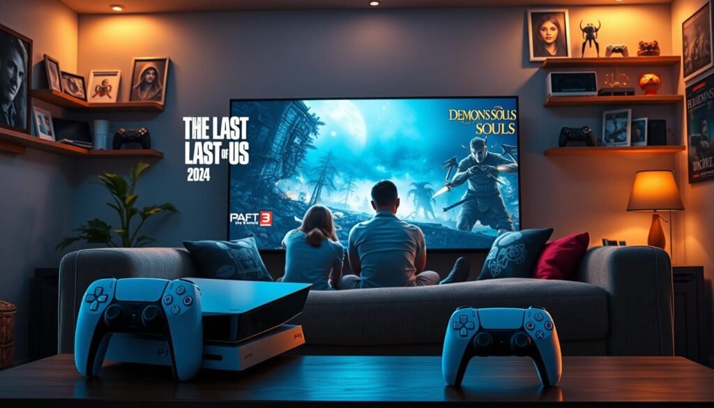 A dynamic scene depicting a vibrant living room environment centered around a large flat-screen TV showcasing iconic remastered and remade PS3 games like "The Last of Us" and "Demon's Souls." In the foreground, a stylish gaming console, the PS5, is artistically displayed alongside a PS4, highlighting their compatibility. A cozy sofa adorned with gaming-themed cushions invites viewers into the gaming experience. The middle ground features two players, dressed in casual but stylish attire, fully immersed in gameplay, evoking excitement and nostalgia. Soft, ambient lighting enhances the atmosphere, creating a warm and inviting space. In the background, shelves lined with classic gaming memorabilia and posters of remastered titles add depth, completing a cozy gaming corner that celebrates the legacy of PS3 games on the latest consoles.