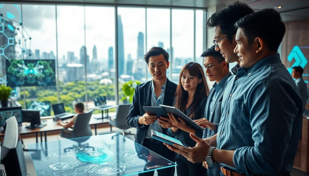 A futuristic scene depicting the advancement of AI image generation in Indonesia. In the foreground, a diverse group of professionals, including a woman in a smart blazer and a man in a casual shirt, examines an advanced holographic display showcasing stunning AI-generated artworks. The middle ground features a vibrant, modern office filled with technology, such as computers and tablets, with intricate visuals projected on the walls. In the background, a skyline of a futuristic Jakarta is visible, with green spaces and innovative architecture. The lighting is bright and optimistic, with soft rays filtering through large windows. Capture a sense of innovation and collaboration that embodies the future of AI in Indonesia. A futuristic scene depicting the advancement of AI image generation in Indonesia. In the foreground, a diverse group of professionals, including a woman in a smart blazer and a man in a casual shirt, examines an advanced holographic display showcasing stunning AI-generated artworks. The middle ground features a vibrant, modern office filled with technology, such as computers and tablets, with intricate visuals projected on the walls. In the background, a skyline of a futuristic Jakarta is visible, with green spaces and innovative architecture. The lighting is bright and optimistic, with soft rays filtering through large windows. Capture a sense of innovation and collaboration that embodies the future of AI in Indonesia.
