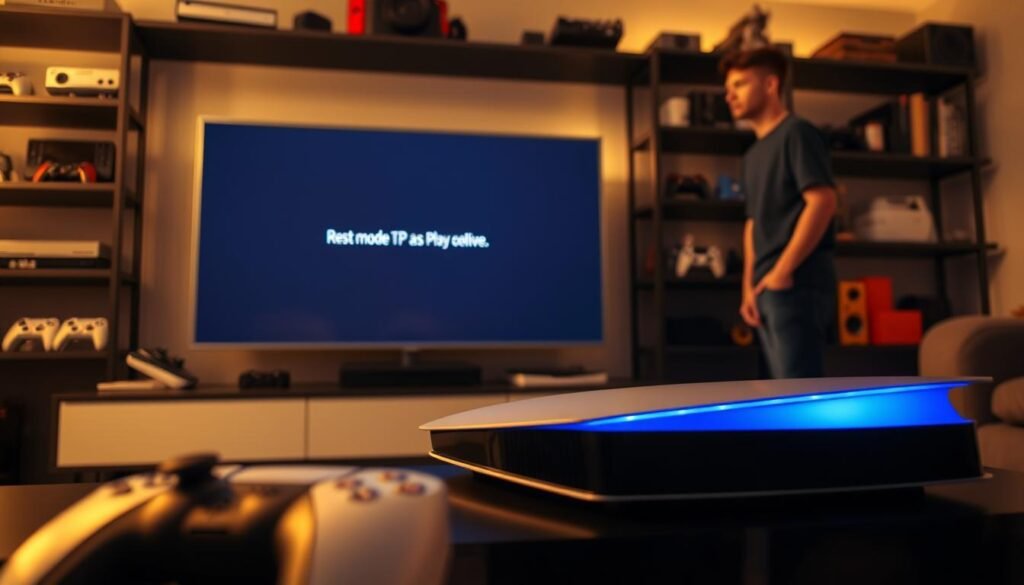 A modern gaming setup featuring a PlayStation 5 console in Rest Mode, illuminated with a soft blue glow emanating from its side. In the foreground, the PS5 is placed on a sleek black entertainment center, with a blurred controller resting nearby. The middle ground showcases a high-definition television displaying a subtle error message or notification suggesting a Rest Mode issue, while a gamer, dressed in casual attire, is seen in profile, looking concerned. The background contains shelves filled with gaming accessories and collectibles, slightly out of focus to emphasize the console's shimmering glow. The overall atmosphere is tense, yet hopeful, with warm ambient lighting enhancing the scene's seriousness. The angle is slightly elevated, giving a clear view of both the PS5 and the television screen, helping to establish the context of the ongoing issues.