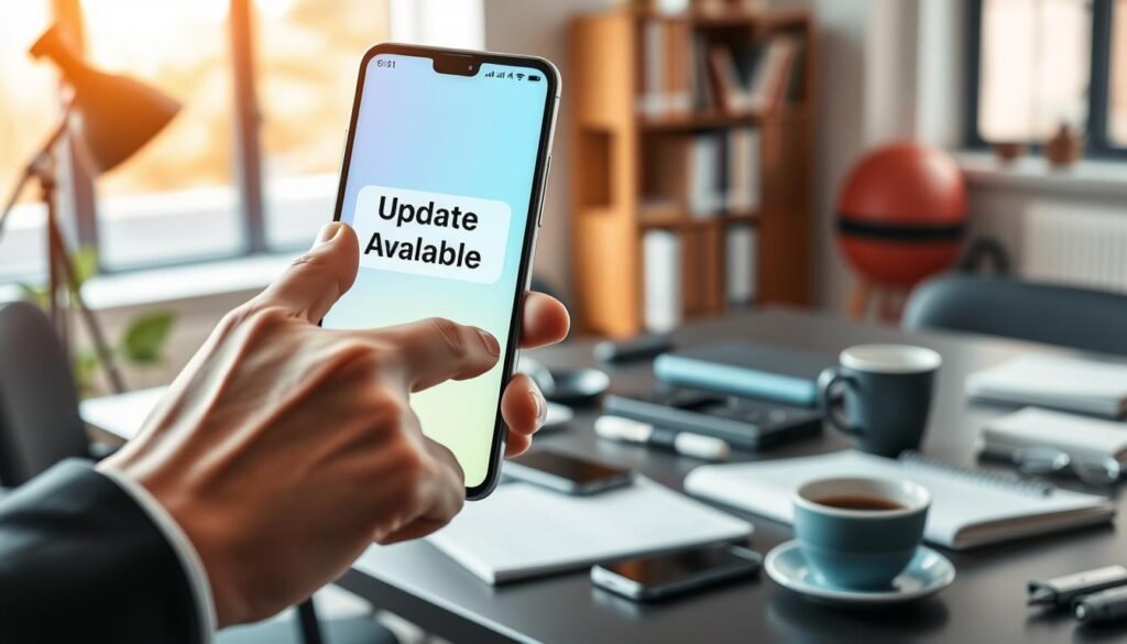 A modern smartphone screen displaying a notification labeled "Update Available," with vibrant colors indicating the urgency of the message. In the foreground, a hand reaches toward the screen, fingers poised to tap, showcasing a professional business attire to convey a sense of professionalism. In the middle ground, a contemporary office desk cluttered with tech gadgets, notebooks, and a cup of coffee, emphasizing a busy work environment. The background features soft-focus elements like a bookshelf and a window with natural light streaming in, creating a warm and inviting atmosphere. The overall mood is focused and dynamic, highlighting the importance of staying updated with technology.