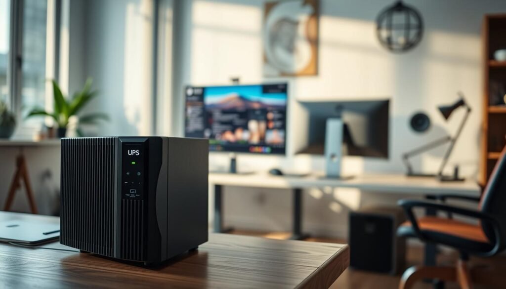 A sleek, modern UPS Online 800VA unit prominently displayed in a well-lit home office setting. In the foreground, focus on the UPS, showcasing its elegant design with indicator lights glowing softly, symbolizing reliability and performance. In the middle ground, a desktop computer and a 27” monitor are elegantly arranged, with the UPS seamlessly connected to both, hinting at its role in protecting valuable equipment. The background features a stylish workspace, with soft natural lighting streaming through a window, creating an inviting, productive atmosphere. Capture a high-angle view that provides depth, emphasizing the UPS's importance in the setup. The mood should reflect security and innovation, resonating with tech-savvy users seeking dependable power solutions. A sleek, modern UPS Online 800VA unit prominently displayed in a well-lit home office setting. In the foreground, focus on the UPS, showcasing its elegant design with indicator lights glowing softly, symbolizing reliability and performance. In the middle ground, a desktop computer and a 27” monitor are elegantly arranged, with the UPS seamlessly connected to both, hinting at its role in protecting valuable equipment. The background features a stylish workspace, with soft natural lighting streaming through a window, creating an inviting, productive atmosphere. Capture a high-angle view that provides depth, emphasizing the UPS's importance in the setup. The mood should reflect security and innovation, resonating with tech-savvy users seeking dependable power solutions.