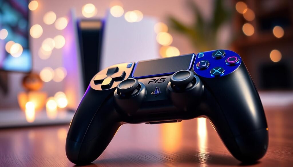 A sleek, modern gaming controller designed for the PlayStation, placed prominently in the foreground. The controller features a glossy black finish with vibrant blue LED indicators and intuitive button layout. In the middle ground, a blurred view of a PlayStation 5 console adds context, showcasing its futuristic design elements. The background is softly lit with a warm ambiance, hinting at a cozy gaming setup, with a subtle bokeh effect from soft fairy lights. The lighting casts gentle reflections on the controller, emphasizing its smooth texture and intricate details. The overall atmosphere is inviting and dynamic, perfect for gaming enthusiasts. Use a slight overhead angle to capture the controller's contours while maintaining focus on its features.