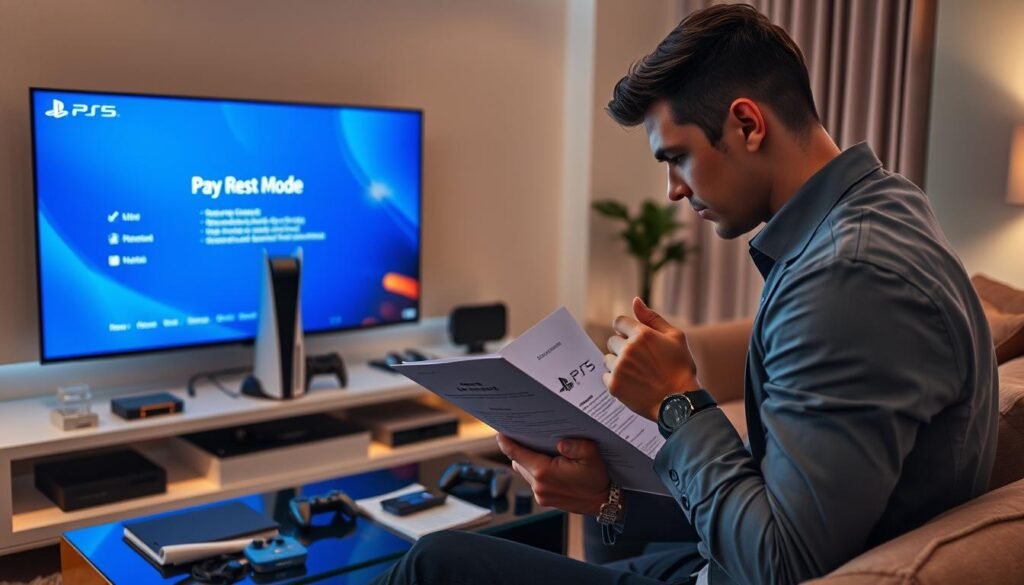 A sleek, modern living room featuring a PlayStation 5 console prominently on a stylish TV stand, surrounded by an array of troubleshooting tools and guides. In the foreground, a person in smart casual attire is thoughtfully examining a printed manual and fiddling with the PS5 controller, showing determination in solving the Rest Mode issue. The middle ground includes the glowing screen of a television displaying the PS5 menu, casting a blue light onto the scene, while a cozy couch with gaming accessories can be seen. The background features a warm ambient light, with soft shadows that create a focused atmosphere. The mood is one of resolve and technical exploration, highlighting the theme of finding solutions to gaming problems.
