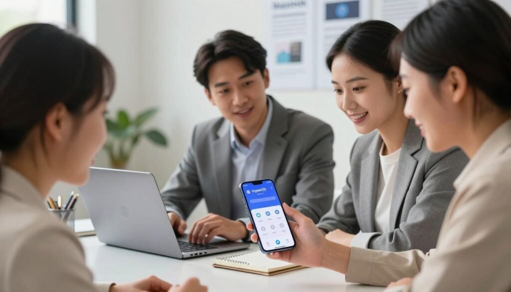 A clear and detailed image showcasing a user checking for updates on a Xiaomi HyperOS device. In the foreground, a diverse group of three individuals, dressed in professional business attire, are gathered around a modern smartphone displaying the HyperOS interface. The middle ground features a sleek, minimalist workspace with a laptop and a notepad, emphasizing a tech-savvy atmosphere. In the background, a soft-focus wall with informational tech posters about HyperOS adds context without distraction. The lighting is bright and natural, illuminating the faces of the individuals as they collaboratively engage with the device. Capture a friendly, focused mood, reflecting the excitement of discovering updates on new technology. The scene should be engaging yet professional, inviting the viewer into the world of HyperOS and device management. A clear and detailed image showcasing a user checking for updates on a Xiaomi HyperOS device. In the foreground, a diverse group of three individuals, dressed in professional business attire, are gathered around a modern smartphone displaying the HyperOS interface. The middle ground features a sleek, minimalist workspace with a laptop and a notepad, emphasizing a tech-savvy atmosphere. In the background, a soft-focus wall with informational tech posters about HyperOS adds context without distraction. The lighting is bright and natural, illuminating the faces of the individuals as they collaboratively engage with the device. Capture a friendly, focused mood, reflecting the excitement of discovering updates on new technology. The scene should be engaging yet professional, inviting the viewer into the world of HyperOS and device management.