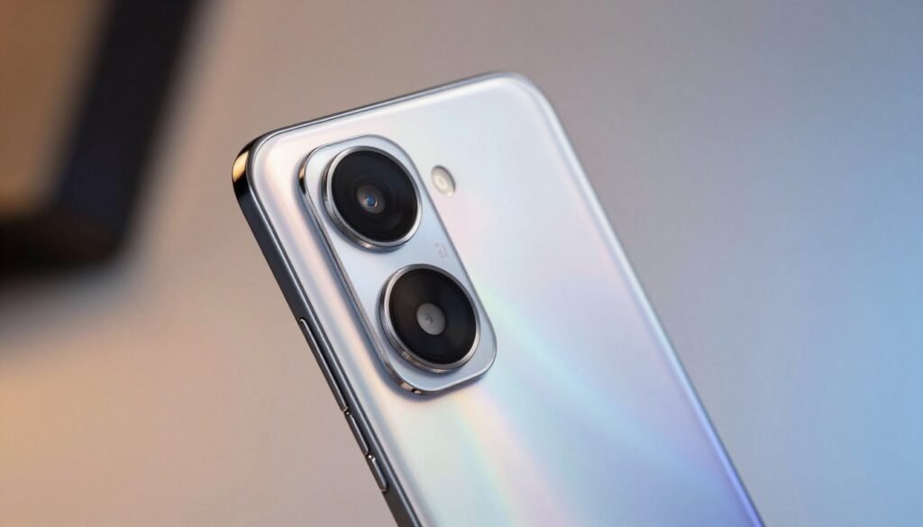 A close-up shot of the OPPO Reno smartphone featuring the iconic rising camera with a sleek shark fin design. The phone's glossy surface reflects light in a subtle manner, showcasing its premium materials. In the foreground, the elegantly curved edges of the device draw attention, while the rising camera is positioned dramatically, capturing the essence of advanced technology. The background is softly blurred to emphasize the phone, with a gradient of warm and cool tones to create a modern and sophisticated atmosphere. The lighting is soft yet striking, highlighting the phone's contours and glossiness as if set in a contemporary workspace. Capture the essence of innovation and luxury that defines the OPPO Reno series, evoking a sense of excitement and elegance.