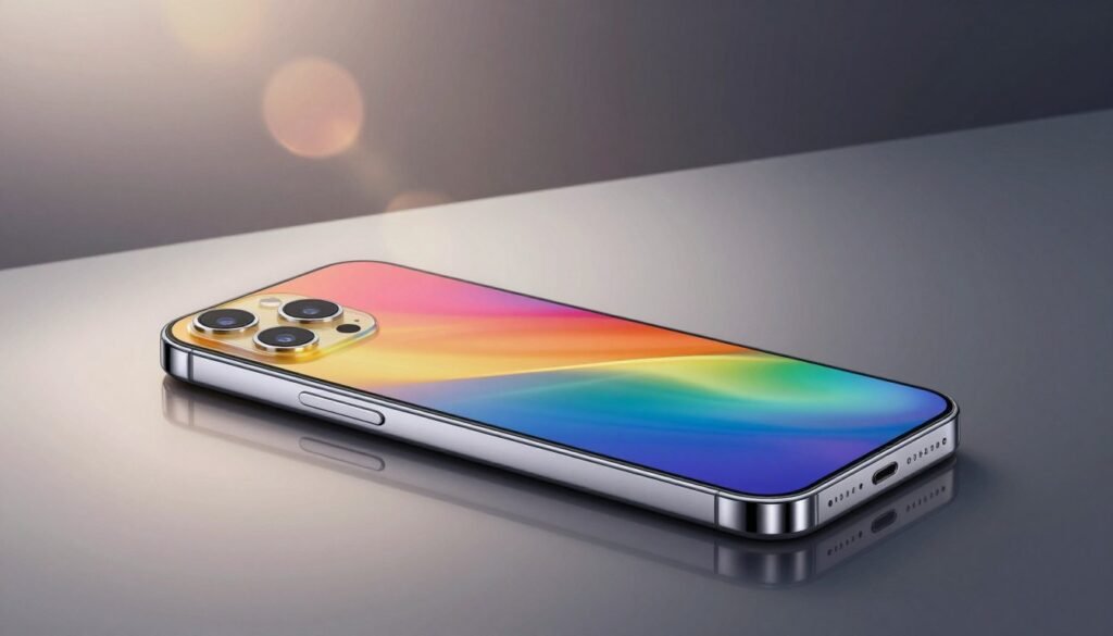 A cutting-edge smartphone featuring the innovative Diamond Spectrum technology, prominently displayed in the foreground on a sleek, reflective surface. The phone's back showcases a spectrum of vibrant colors, shimmering under soft, diffused lighting that enhances its premium look. In the middle ground, an abstract backdrop of subtle gradients and light flares complements the phone, giving a dynamic yet sophisticated atmosphere. The lighting creates intriguing reflections and shadows, adding depth to the composition. Capture the scene from a slightly elevated angle, focusing on the smartphone’s intricate details. The overall mood should convey a sense of luxury and modernity, perfect for showcasing advanced technology without any distractions or text on the image.